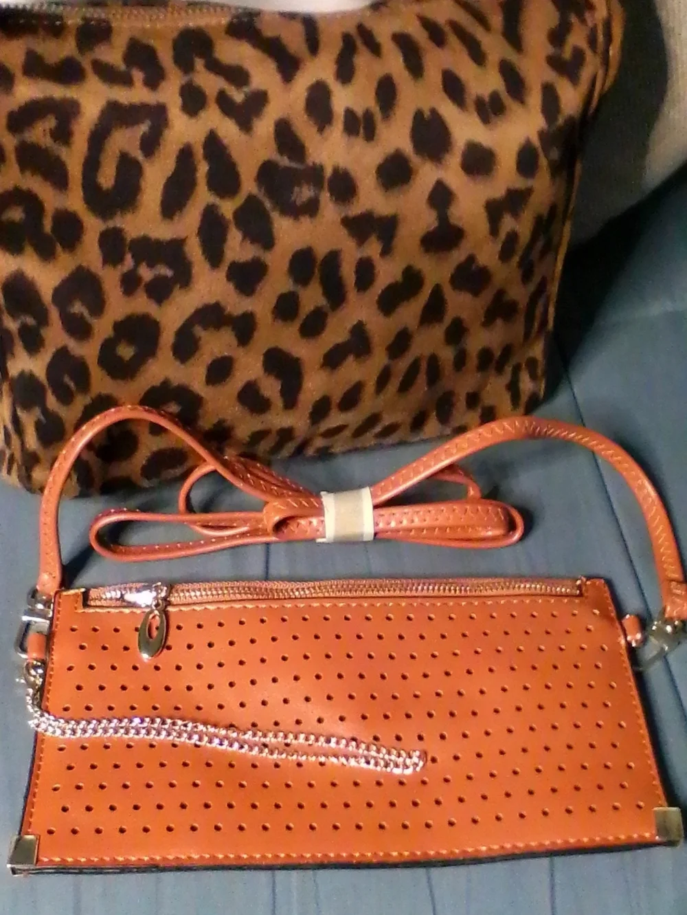 Leopard Print Shoulder Bag with Tan Perforated Wristlet